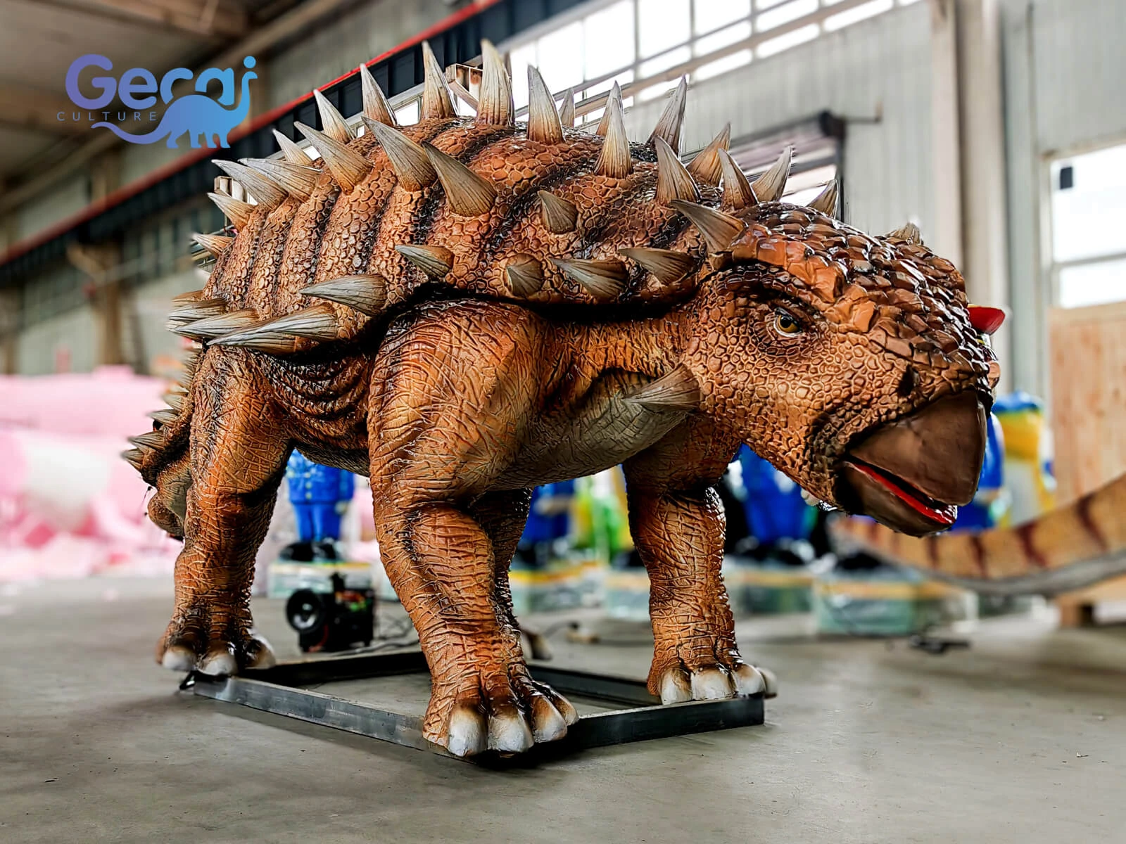 Realistic animatronic Ankylosaurus dinosaur model with lifelike movements and details. Custom designs for dinosaur parks, museums and exhibitions.
