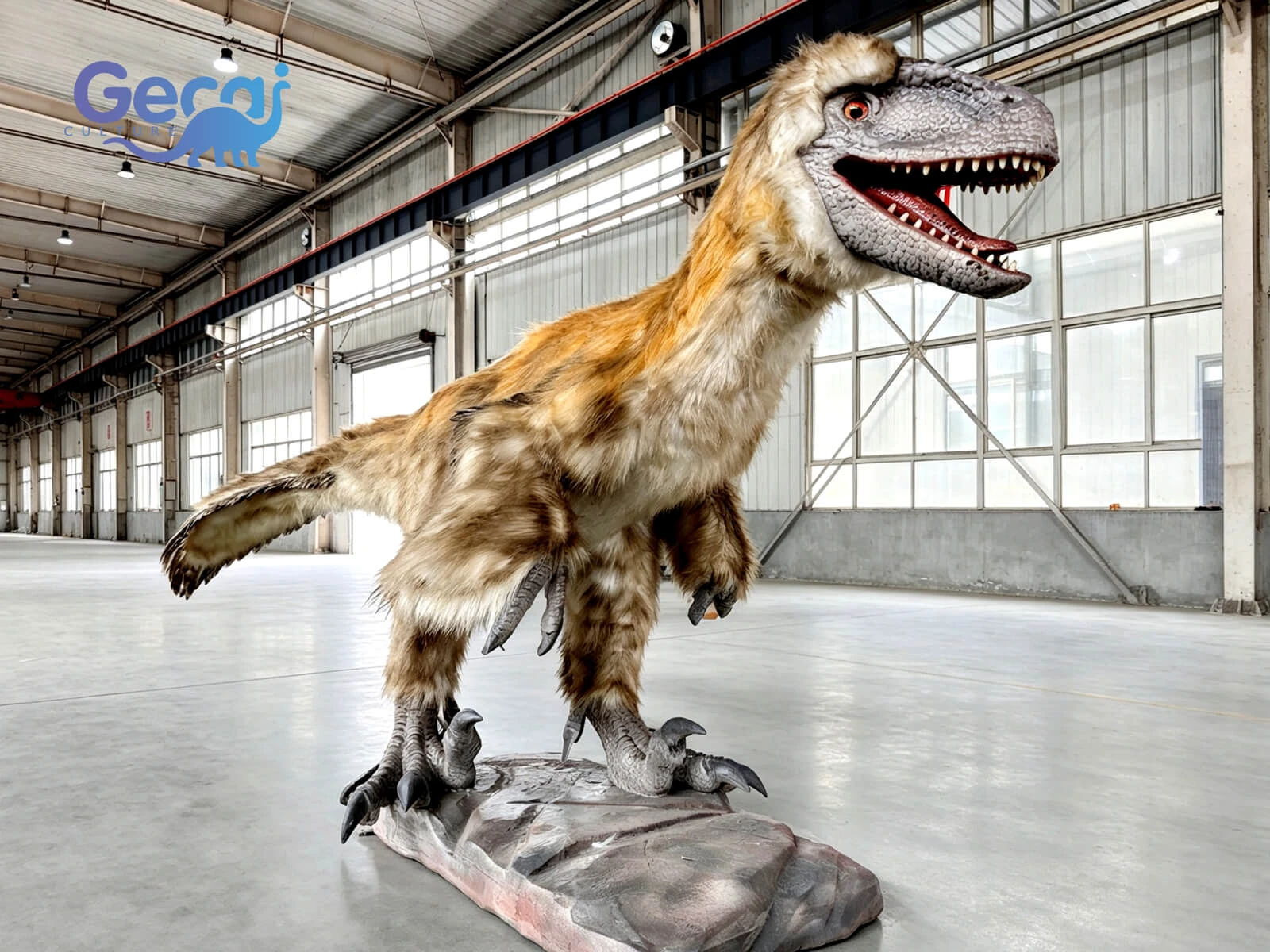 Realistic animatronic feathered Velociraptor for dinosaur parks and museums, with lifelike movements, detailed feathers and customizable designs.