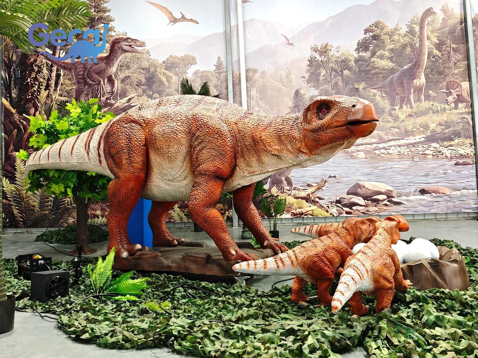 The High Standard Animatronic Maiasaura Set is a premium prehistoric display designed for theme parks, museums, and educational exhibitions. Featuring one adult Maiasaura, four juveniles, and a realis...