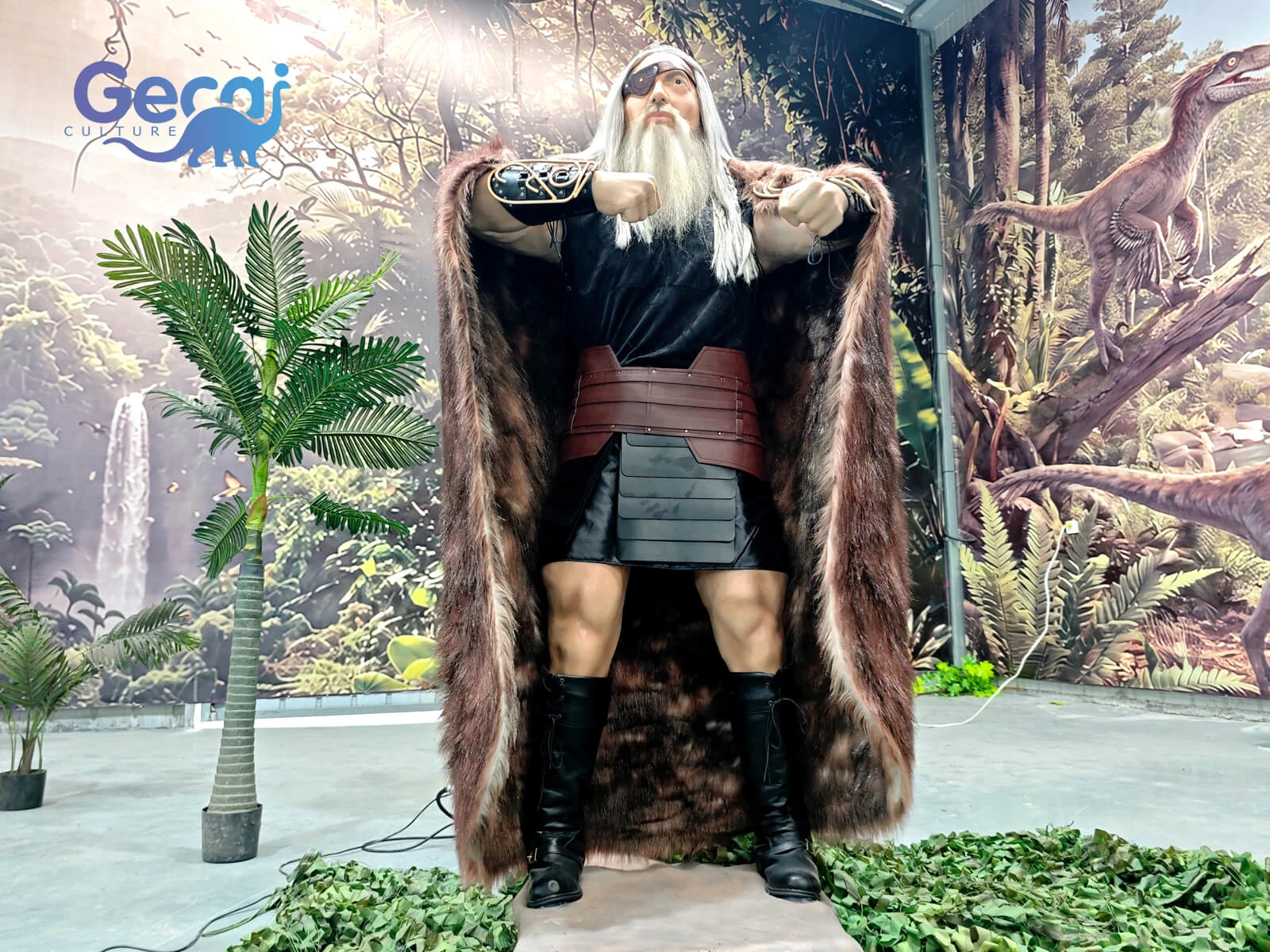 Realistic animatronic Viking Chieftain for theme parks with lifelike movements and custom costumes, poses and effects for immersive themed attractions.
