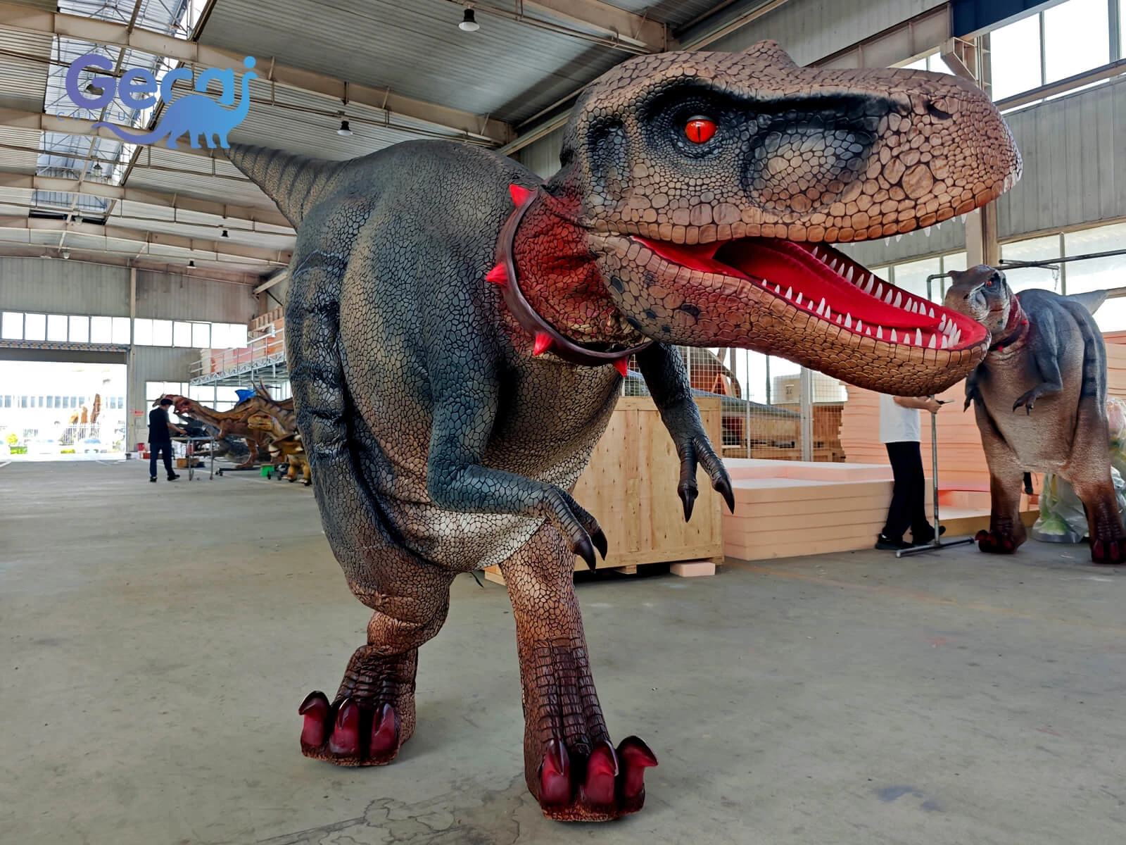 Realistic T-Rex costume with hidden legs, lifelike movements and detailed skin textures. Custom dinosaur suits for theme parks, live shows and events.