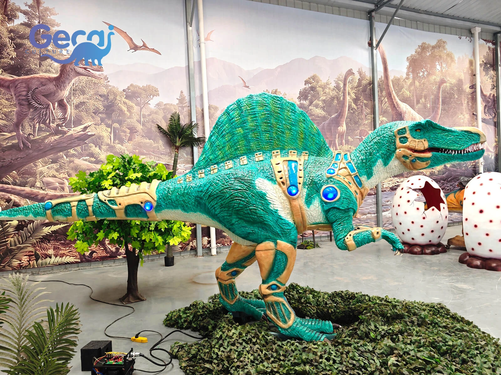 Custom animatronic Mecha Spinosaurus with robotic armor, LED lighting and realistic movements for theme parks, sci-fi exhibitions and attractions.