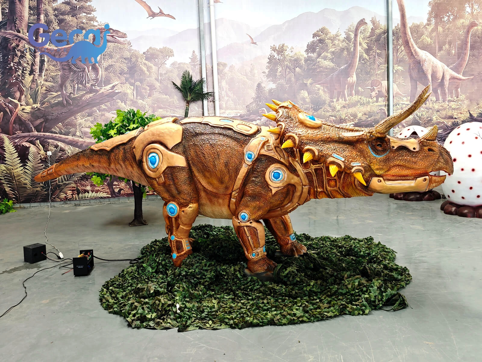 Custom animatronic Mecha Triceratops with robotic armor, LED lighting and realistic movements for dinosaur parks, theme parks and sci-fi exhibitions.