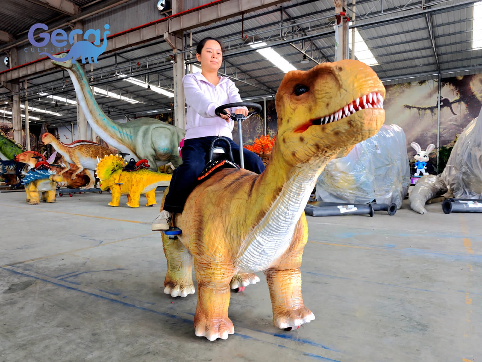 Rideable walking T-Rex dinosaur with motorized movement and realistic design. Custom electric dinosaur rides for amusement parks and themed attractions.